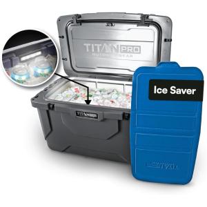 imageTitan PRO High Performance Ice Chest  55 Quart Capacity  Hard Cooler with Interior LED Light Dry Bin Ice Saver Performance Booster and Microban Protection  Granite Gray